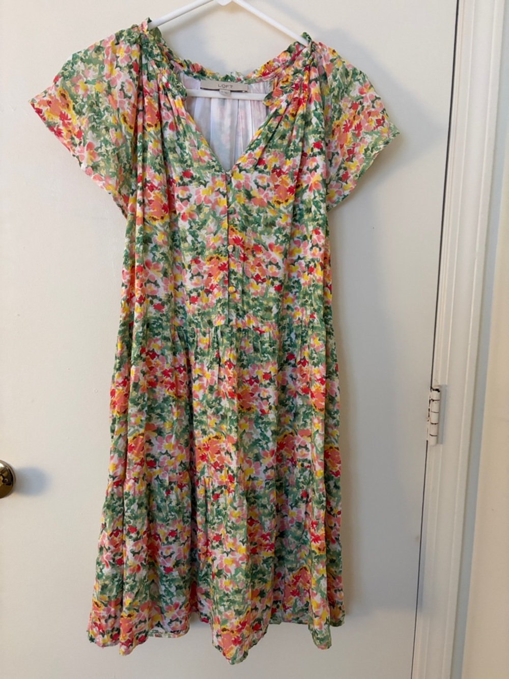 LOFT Floral V-Neck Short Sleeve Floral Dress in Pink, Yellow & Green